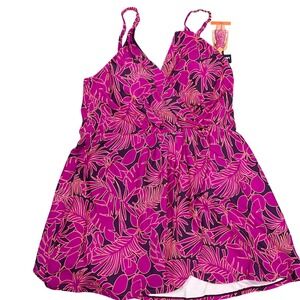Lands End Swim Dress Womens XXL Purple Tropical Resortwear Wrap UPF 50+ NEW